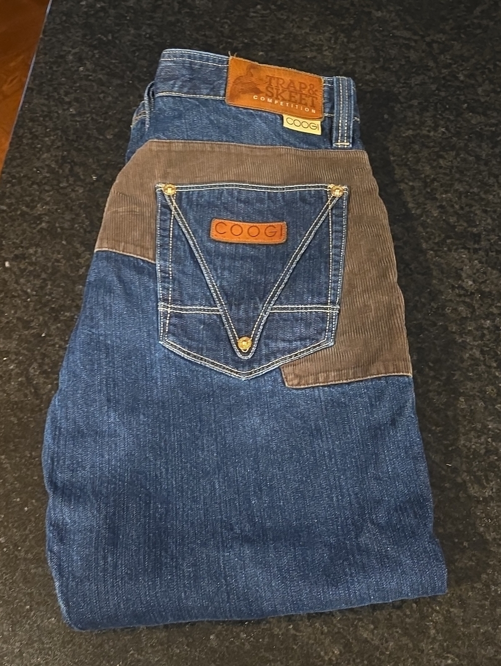 COOGI Men's Dark Blue Denim Jeans with Brown Corduroy Accents